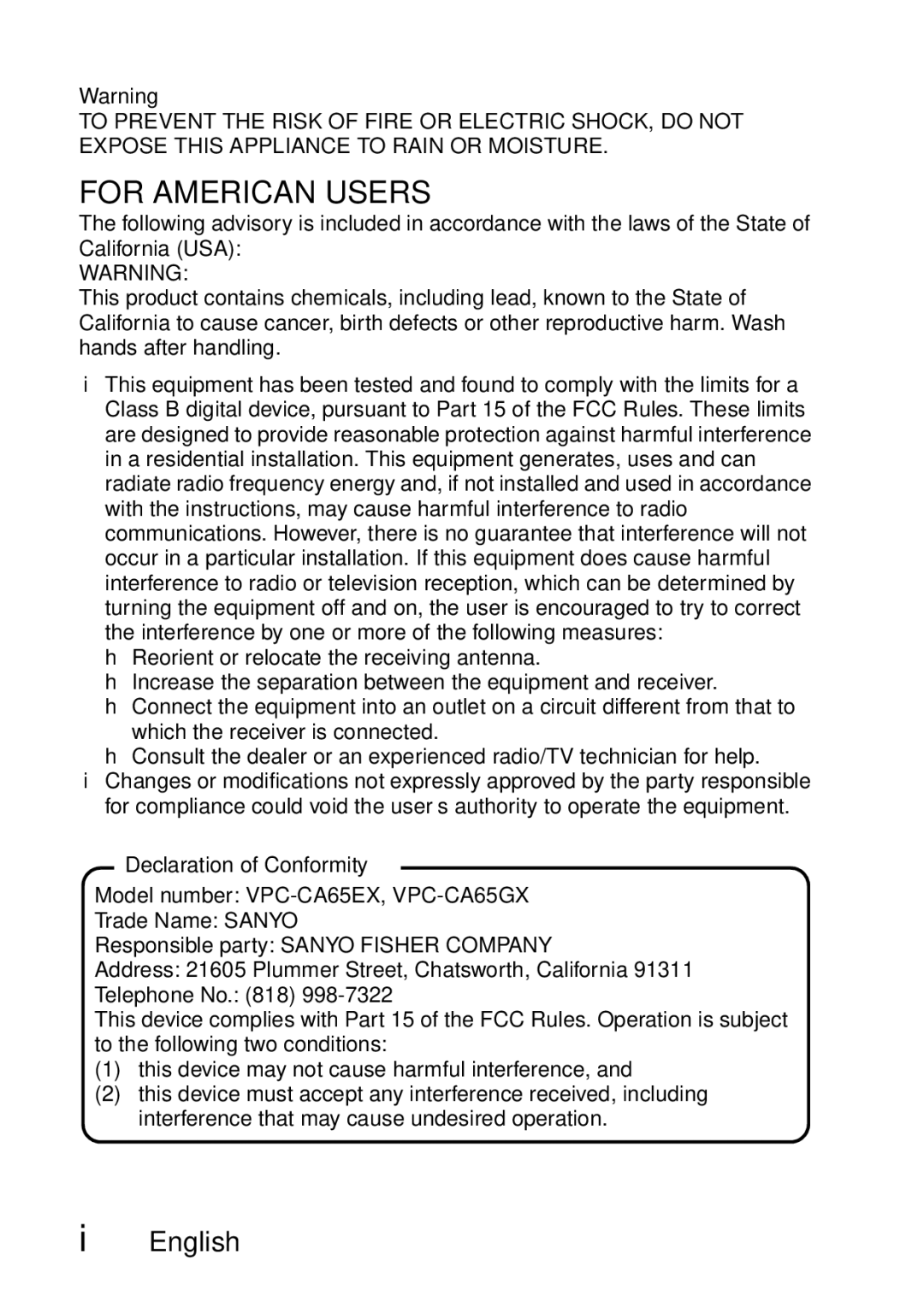 Sanyo VPC-CA65GX, VPC-CA65EX instruction manual For American Users, Declaration of Conformity 