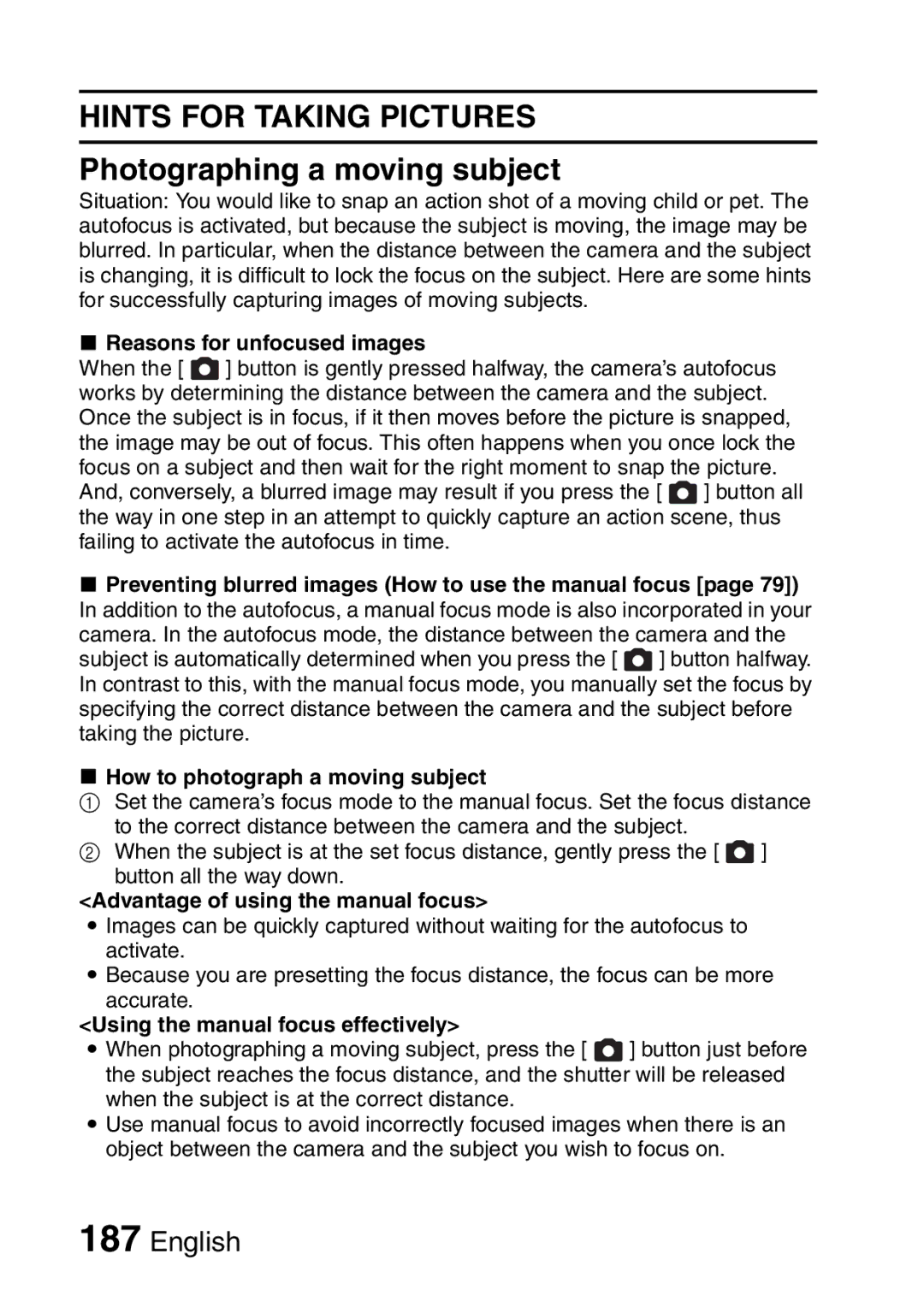 Sanyo VPC-CA65EX, VPC-CA65GX Hints for Taking Pictures, Photographing a moving subject, How to photograph a moving subject 