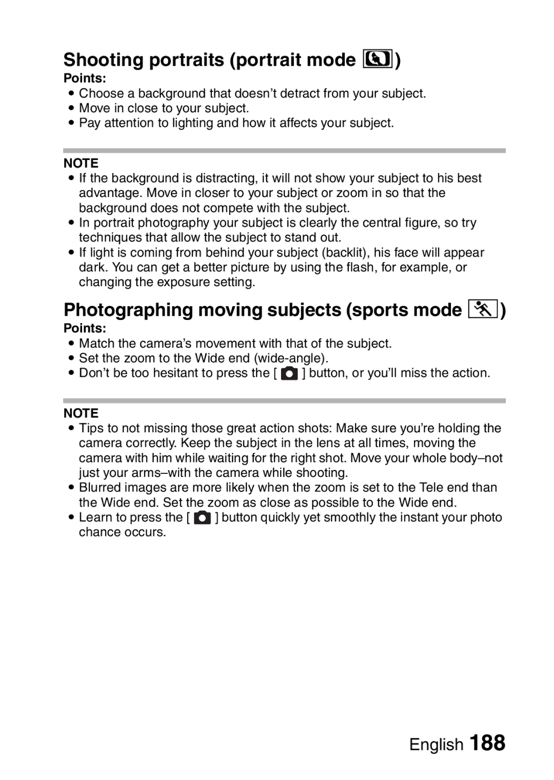 Sanyo VPC-CA65GX, VPC-CA65EX Shooting portraits portrait mode, Photographing moving subjects sports mode a, Points 