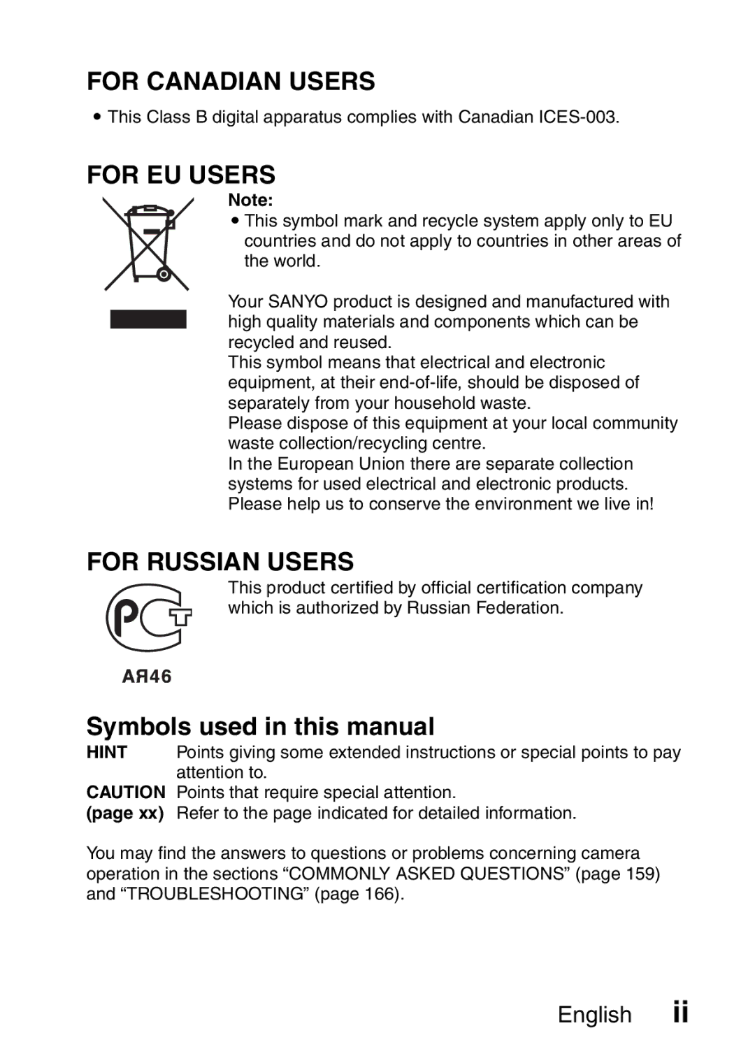 Sanyo VPC-CA65EX, VPC-CA65GX For Canadian Users, For EU Users, For Russian Users, Symbols used in this manual 