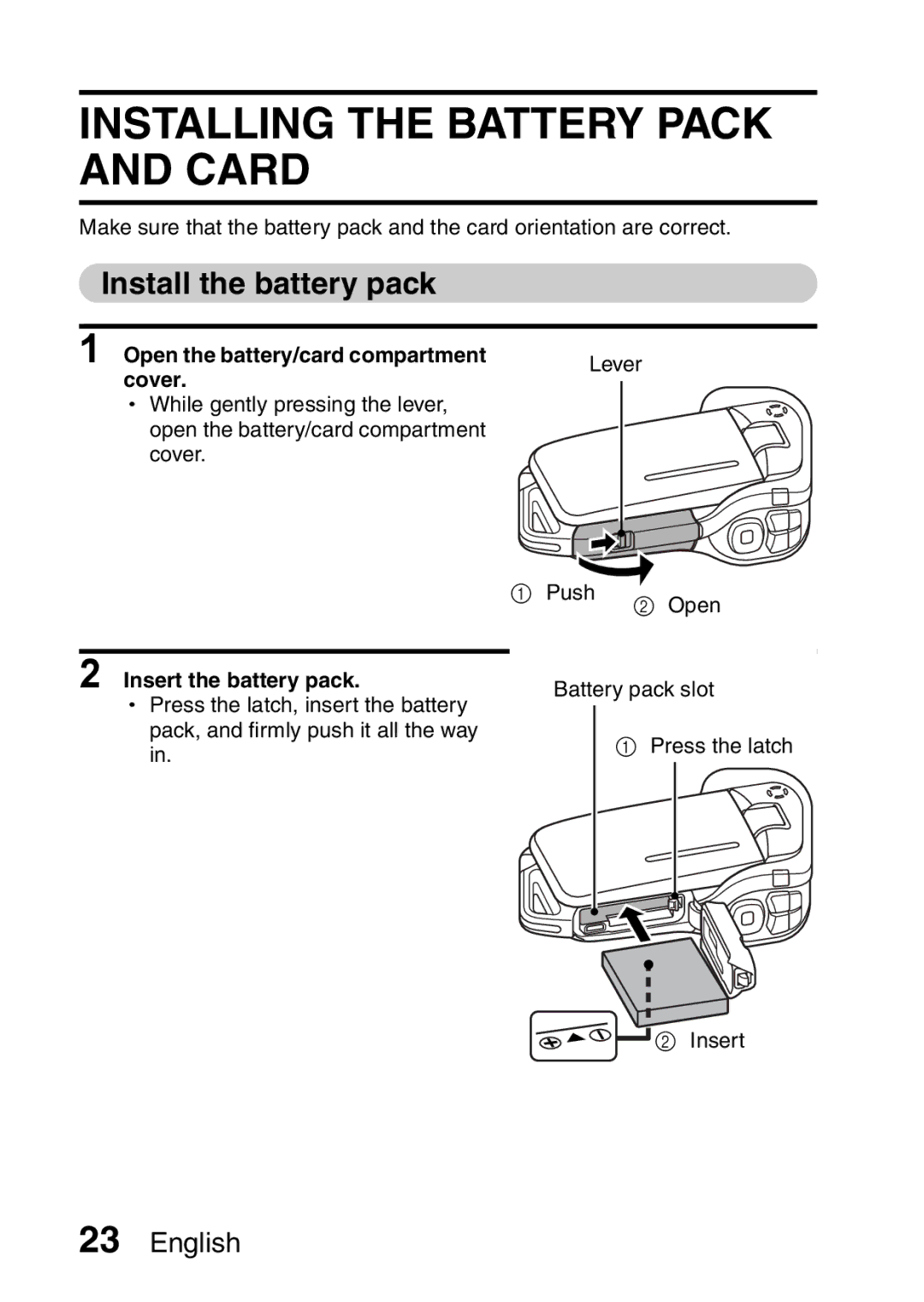 Sanyo VPC-CA65EX Installing the Battery Pack and Card, Install the battery pack, Open the battery/card compartment, Cover 