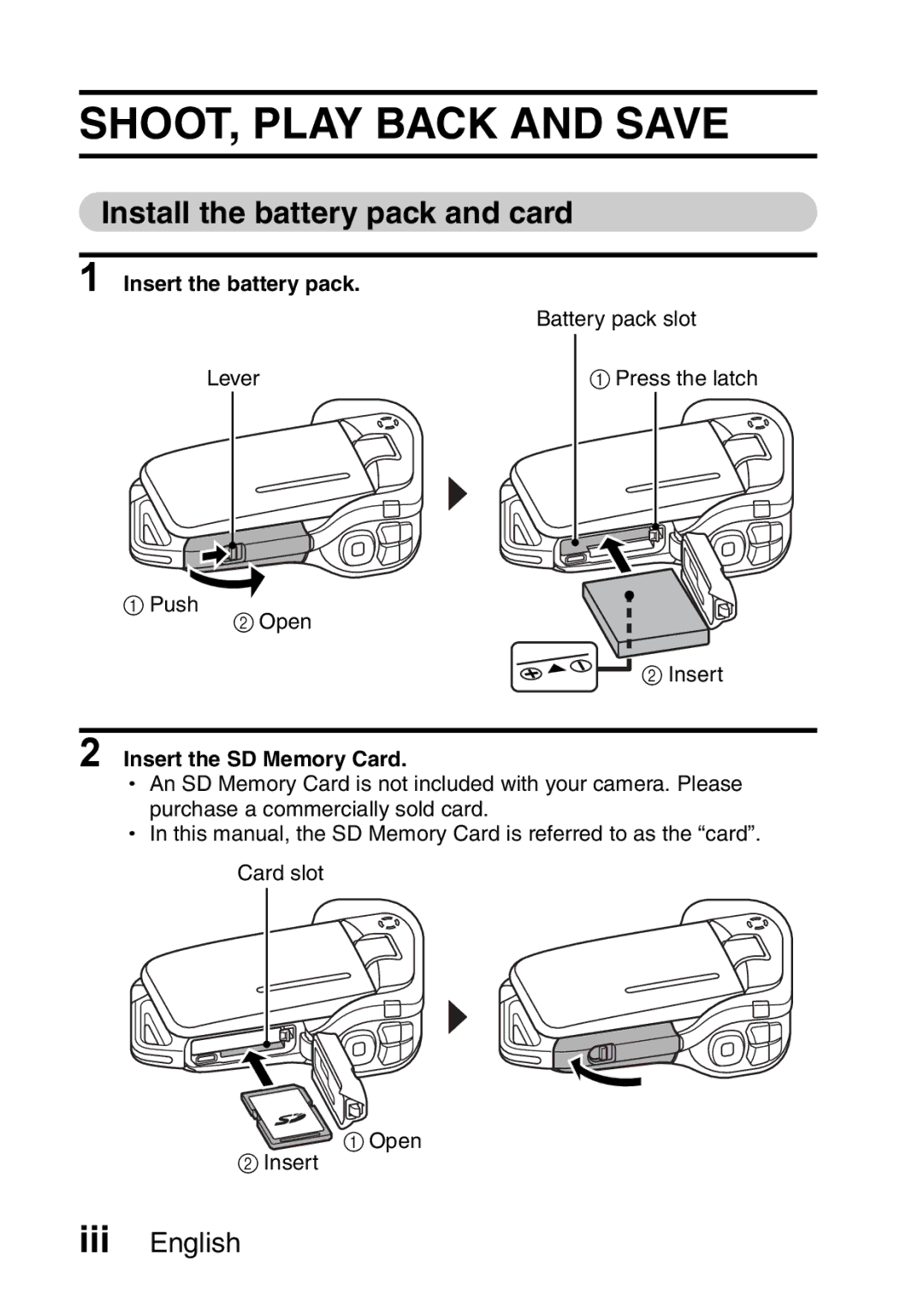 Sanyo VPC-CA65GX, VPC-CA65EX SHOOT, Play Back and Save, Install the battery pack and card, Insert the battery pack 