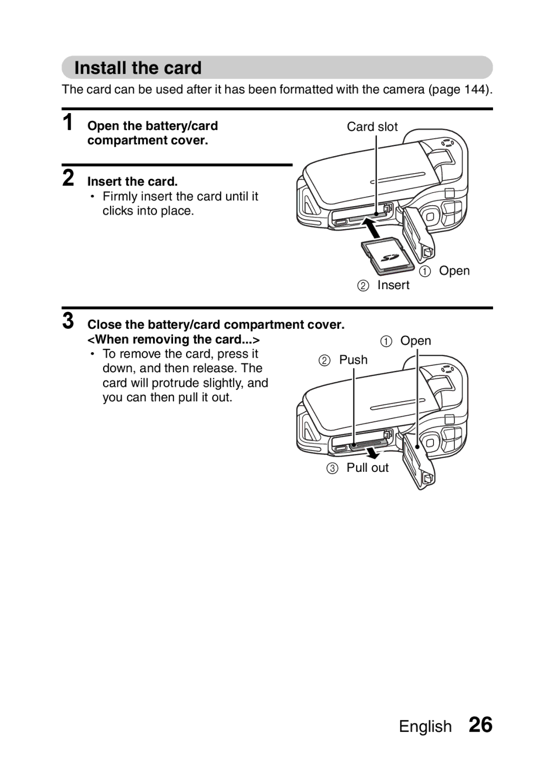 Sanyo VPC-CA65GX, VPC-CA65EX instruction manual Install the card, When removing the card 