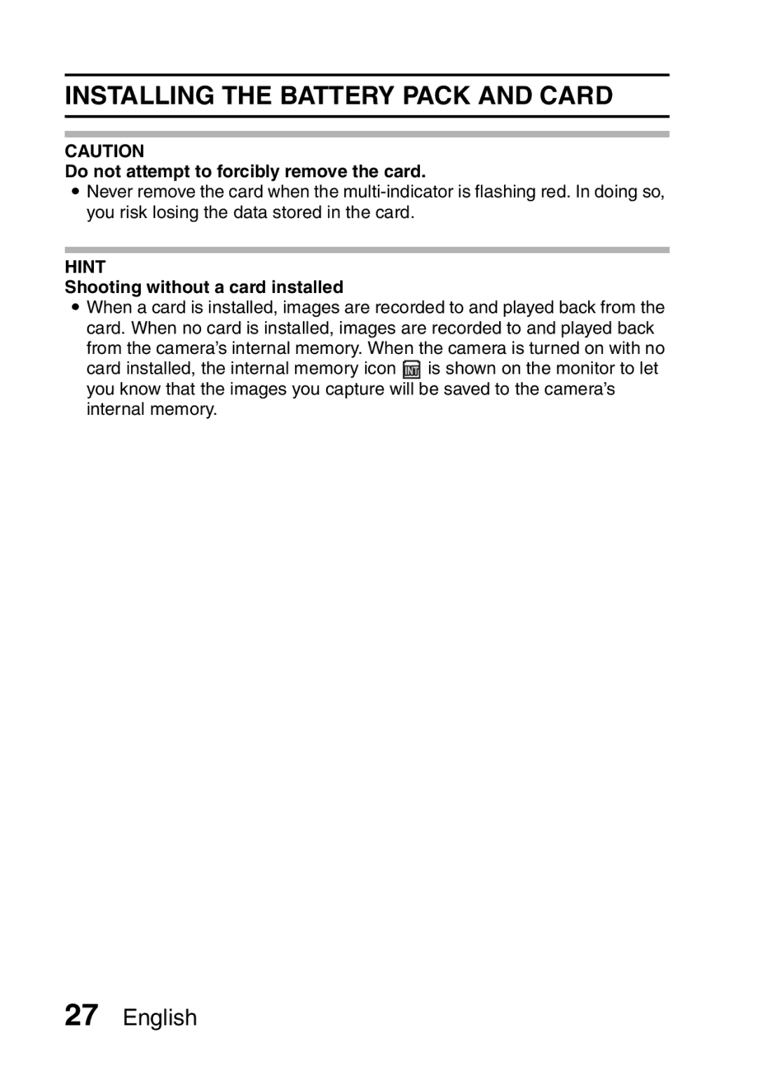 Sanyo VPC-CA65EX, VPC-CA65GX Do not attempt to forcibly remove the card, Shooting without a card installed 