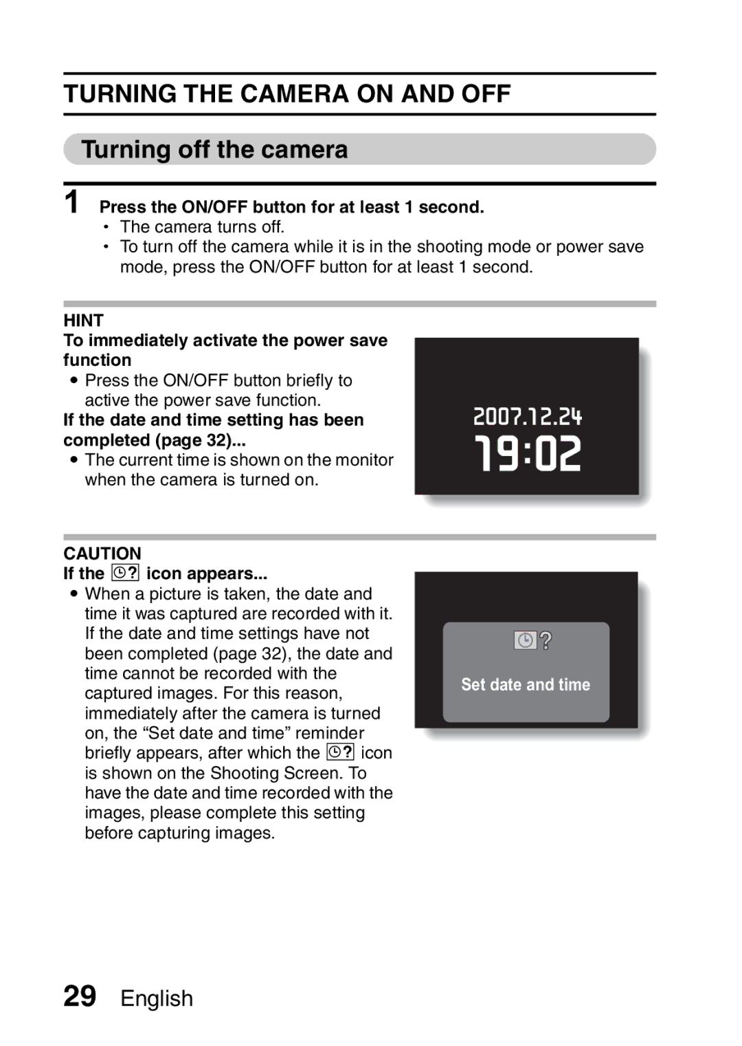 Sanyo VPC-CA65EX, VPC-CA65GX instruction manual Turning the Camera on and OFF, Turning off the camera 