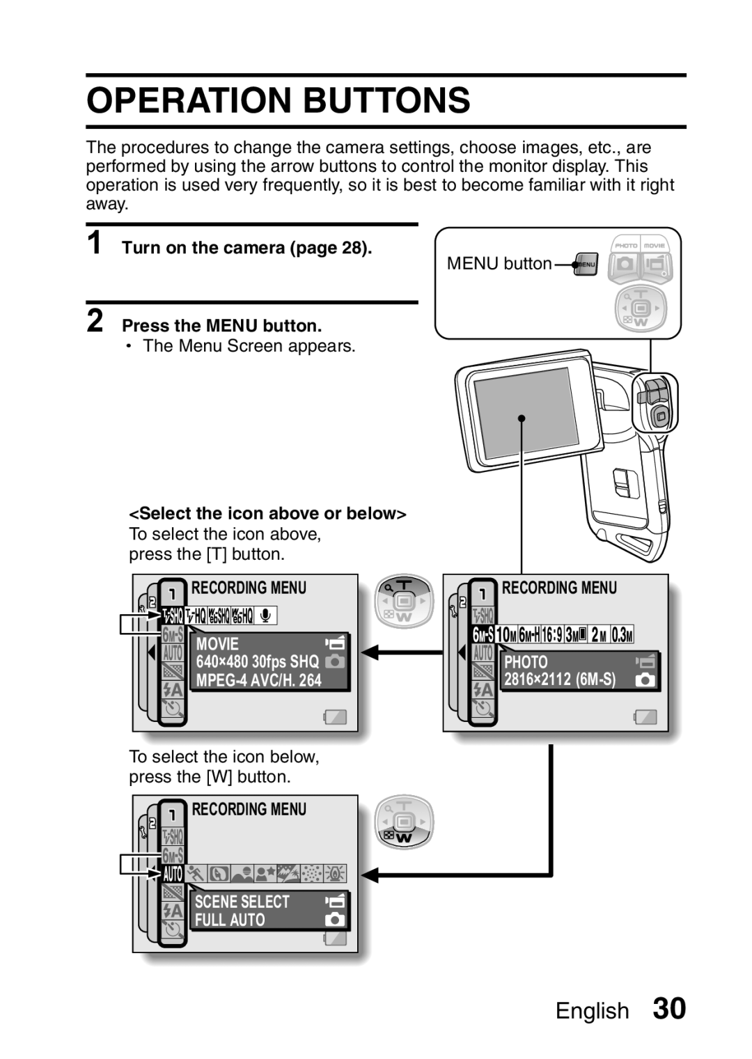 Sanyo VPC-CA65GX, VPC-CA65EX Operation Buttons, Press the Menu button, Select the icon above or below, Movie, Photo 