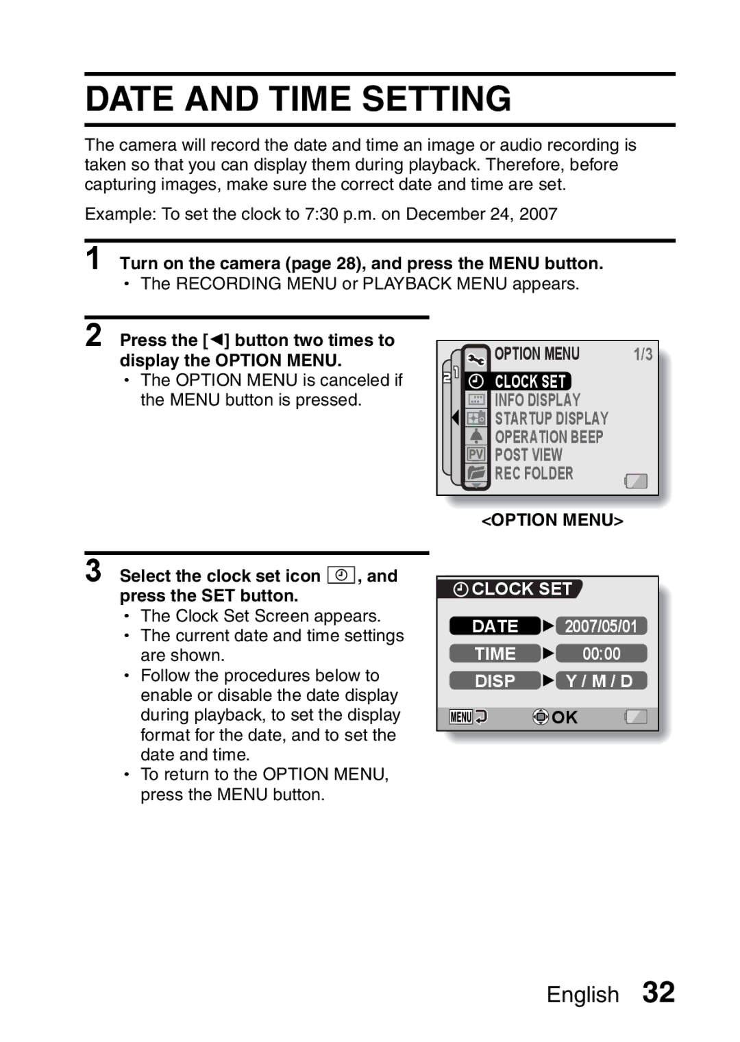 Sanyo VPC-CA65GX, VPC-CA65EX instruction manual Date and Time Setting, Clock SET Date, Disp 