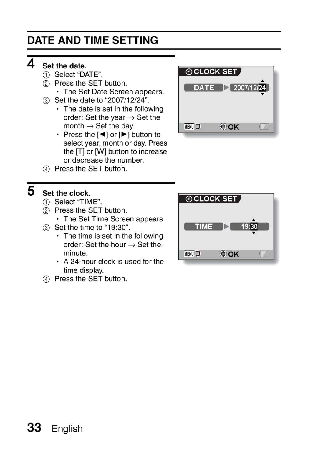 Sanyo VPC-CA65EX, VPC-CA65GX instruction manual Date and Time Setting, Set the date, Set the clock 