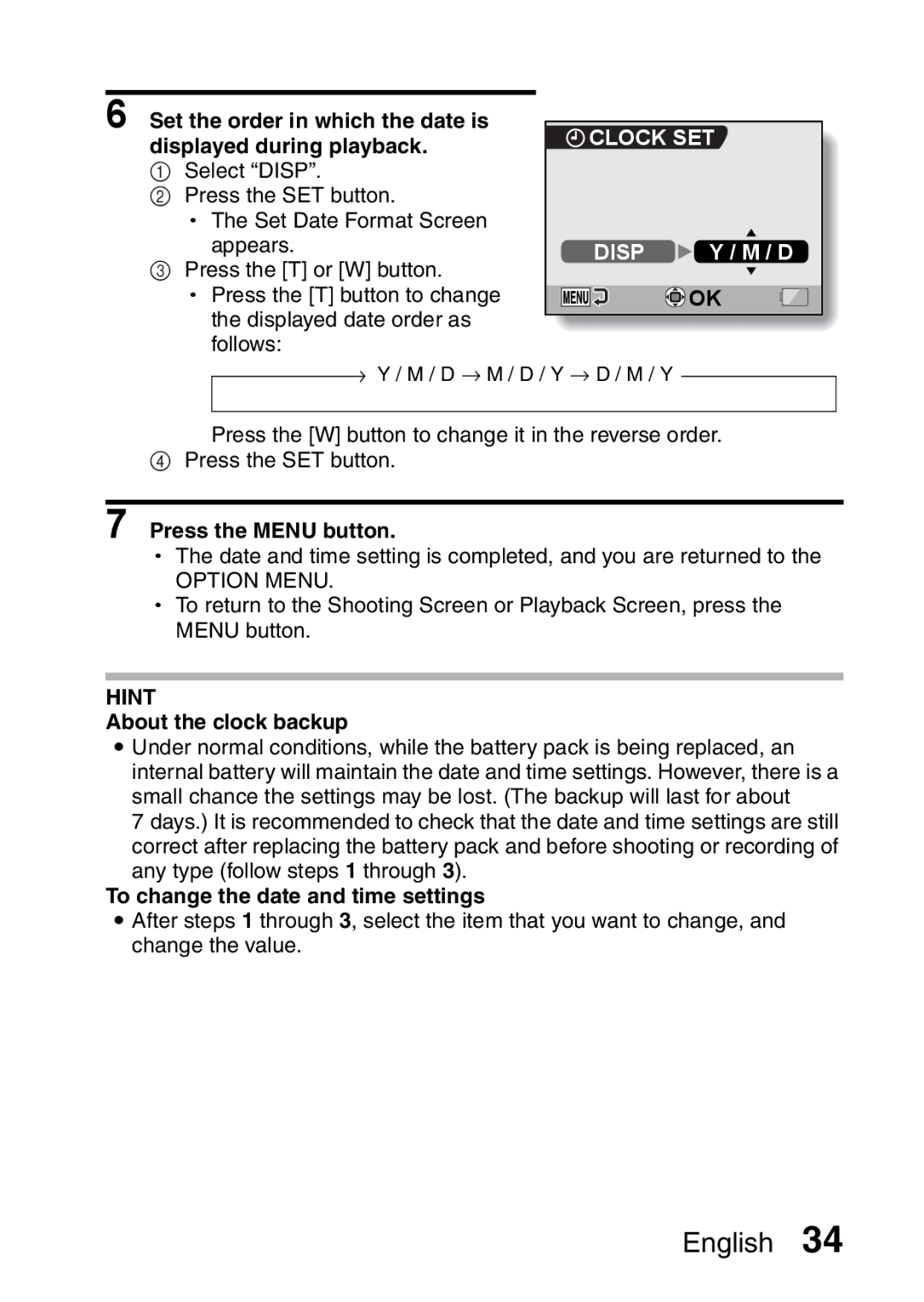 Sanyo VPC-CA65GX, VPC-CA65EX instruction manual Clock SET Disp, About the clock backup, To change the date and time settings 