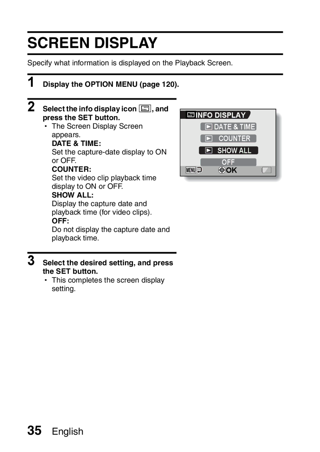 Sanyo VPC-CA65EX, VPC-CA65GX instruction manual Screen Display, Info Display Date & Time Counter Show ALL OFF 