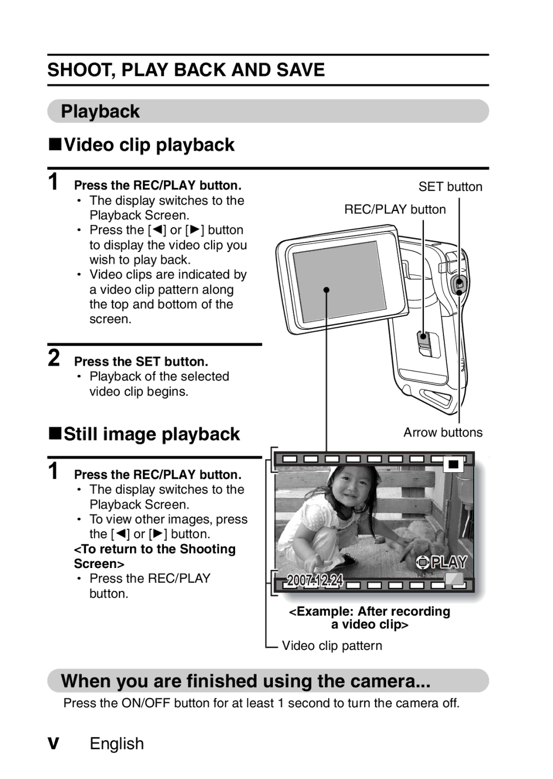 Sanyo VPC-CA65GX, VPC-CA65EX SHOOT, Play Back and Save, Playback KVideo clip playback, KStill image playback 