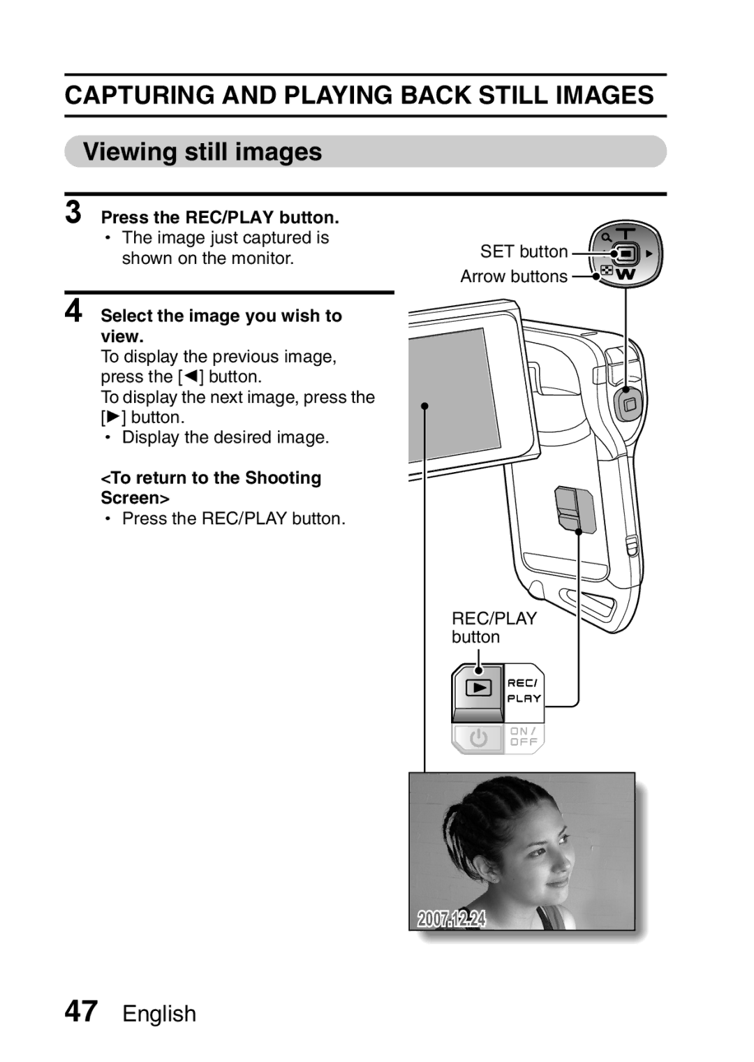 Sanyo VPC-CA65EX Capturing and Playing Back Still Images, Viewing still images, Select the image you wish to View 