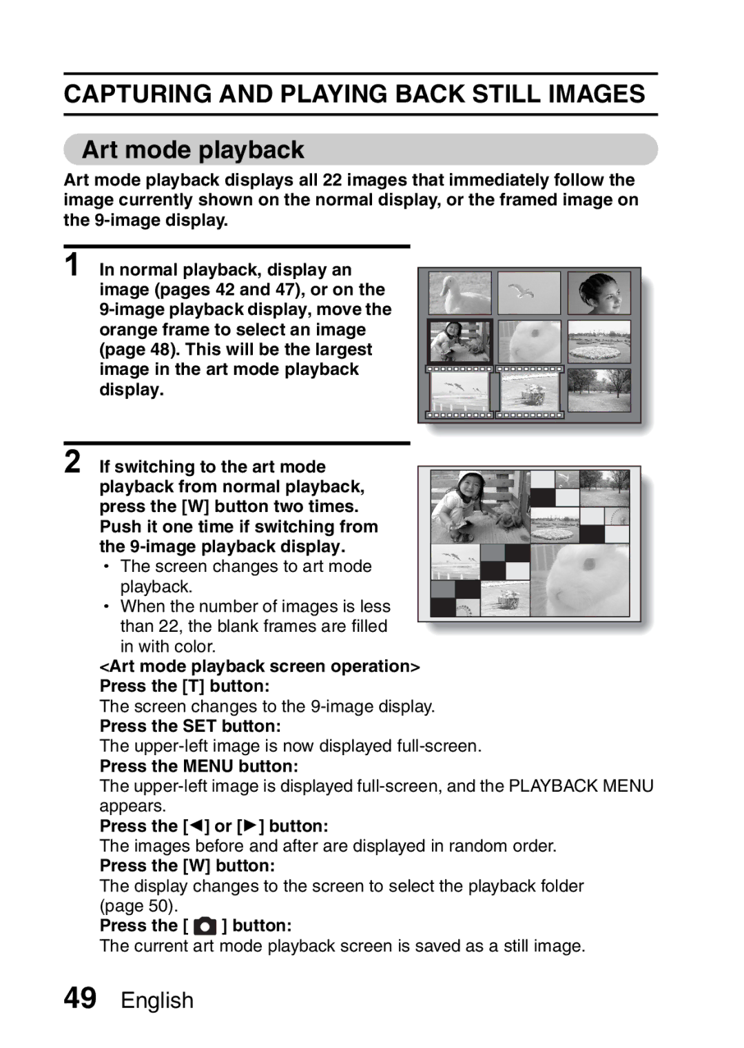 Sanyo VPC-CA65EX, VPC-CA65GX Art mode playback screen operation Press the T button, Press the G or H button 