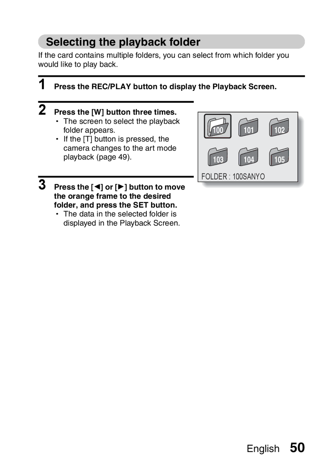 Sanyo VPC-CA65GX, VPC-CA65EX instruction manual Selecting the playback folder 