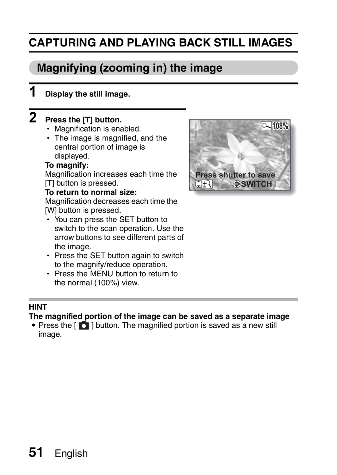 Sanyo VPC-CA65EX, VPC-CA65GX Magnifying zooming in the image, Display the still image Press the T button, To magnify 