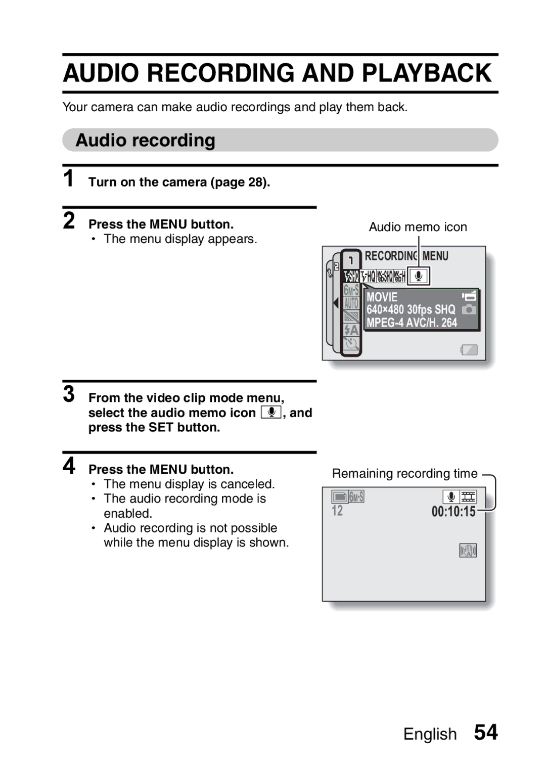 Sanyo VPC-CA65GX Audio Recording and Playback, Audio recording, Turn on the camera Press the Menu button Audio memo icon 