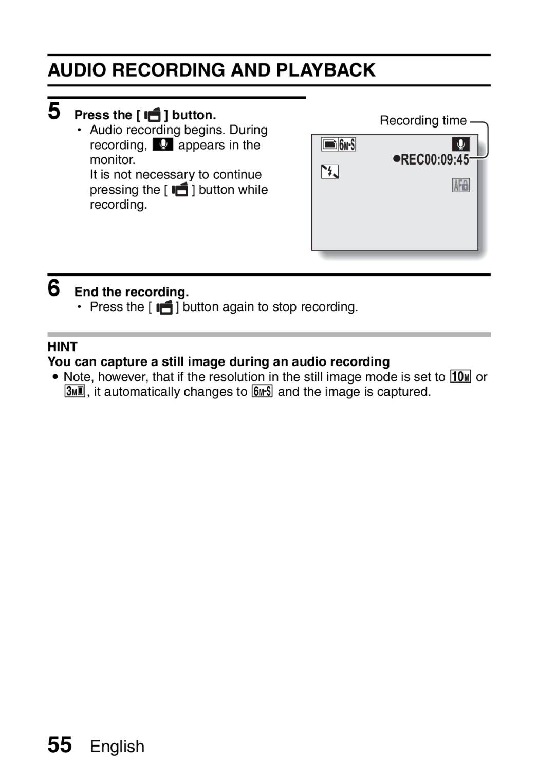 Sanyo VPC-CA65EX, VPC-CA65GX Audio Recording and Playback, You can capture a still image during an audio recording 