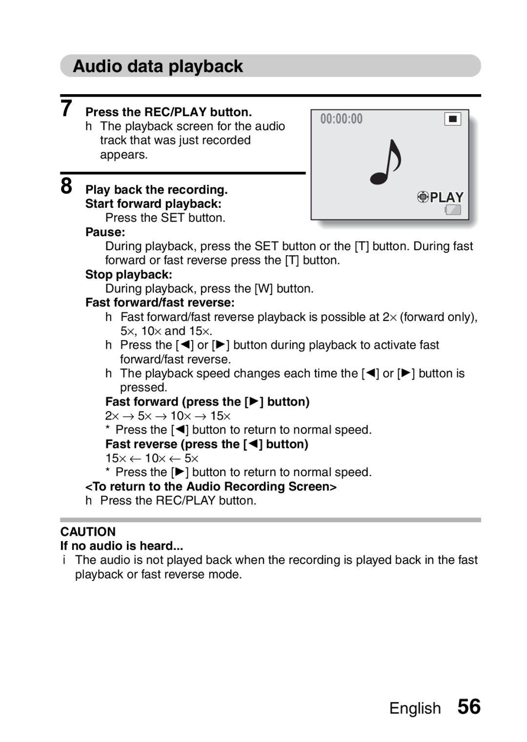 Sanyo VPC-CA65GX, VPC-CA65EX instruction manual Audio data playback 