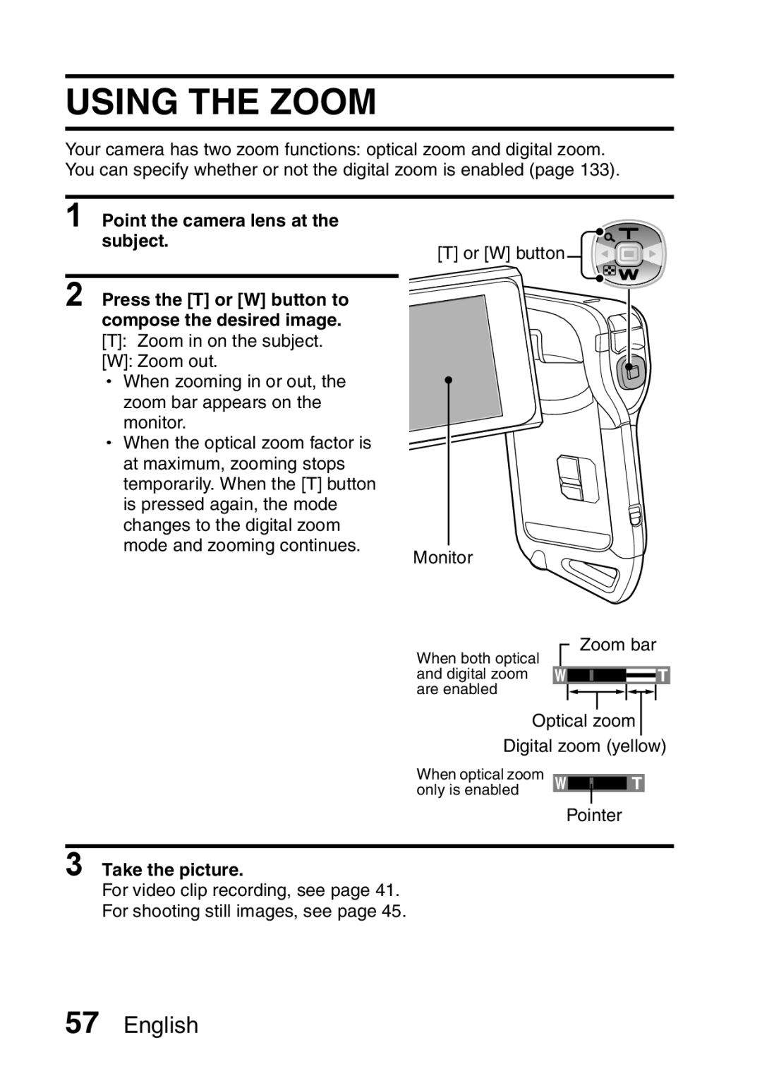 Sanyo VPC-CA65EX, VPC-CA65GX instruction manual Using the Zoom, Point the camera lens at the subject, Take the picture 