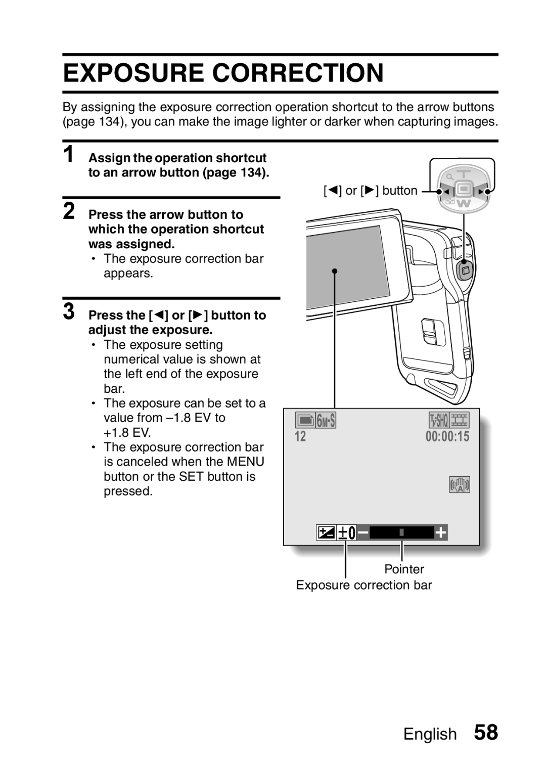 Sanyo VPC-CA65GX, VPC-CA65EX instruction manual Exposure Correction, Press the G or H button to adjust the exposure 