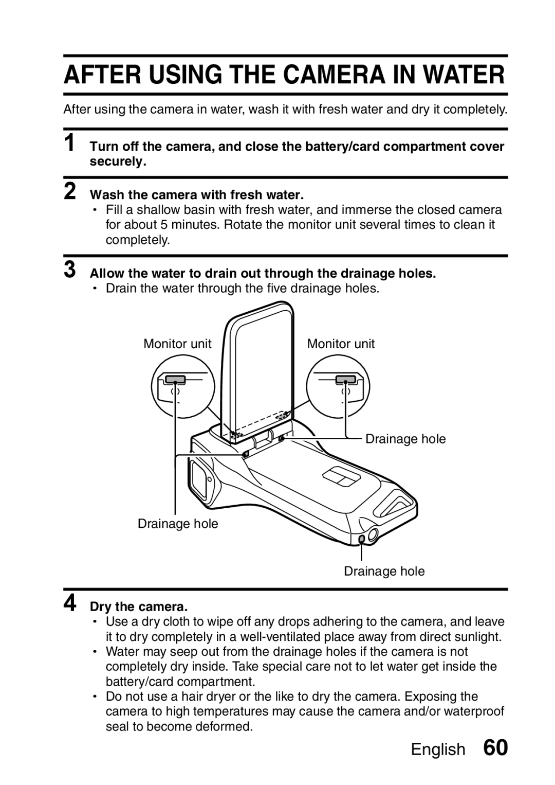 Sanyo VPC-CA65GX, VPC-CA65EX instruction manual Allow the water to drain out through the drainage holes, Dry the camera 