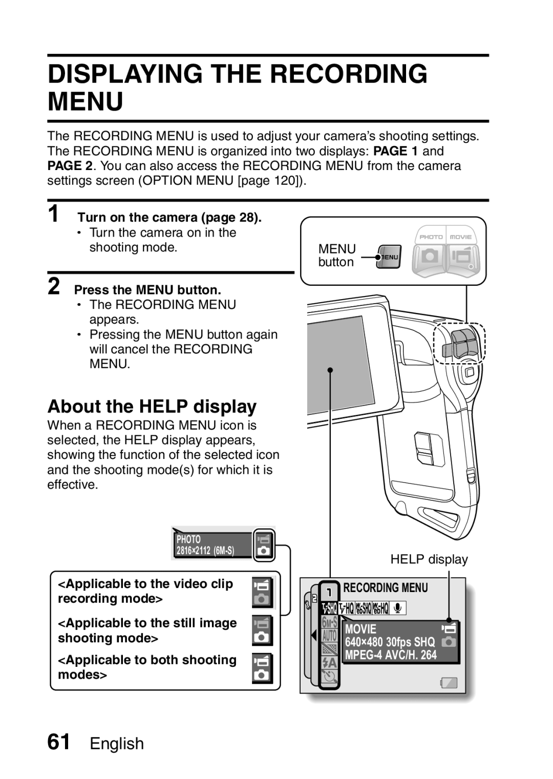 Sanyo VPC-CA65EX, VPC-CA65GX instruction manual Displaying the Recording Menu, About the Help display 