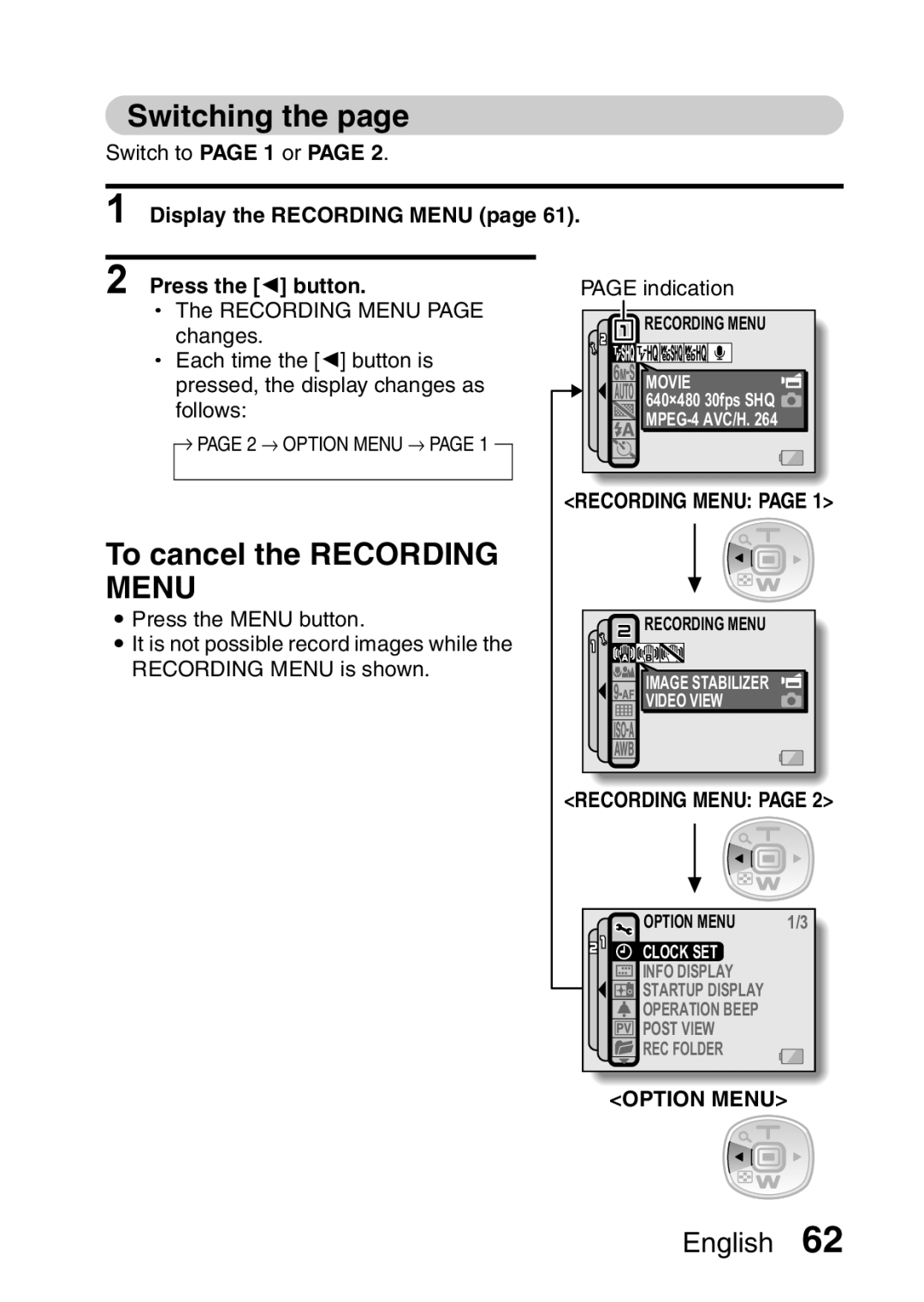 Sanyo VPC-CA65GX, VPC-CA65EX Switching, To cancel the Recording Menu, Display the Recording Menu Press the G button 