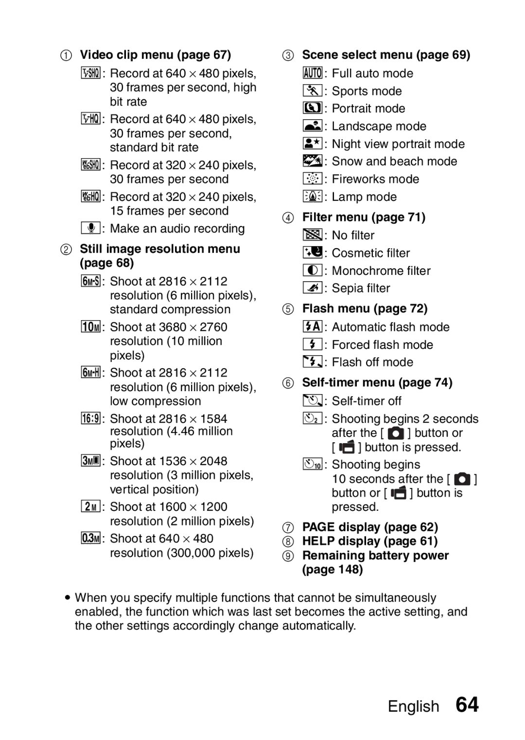 Sanyo VPC-CA65GX Video clip menu page 67 b Record at 640 ⋅ 480 pixels, Still image resolution menu, Scene select menu 