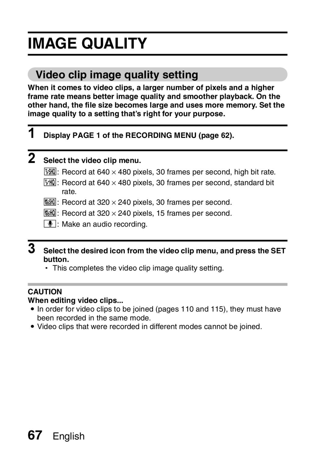 Sanyo VPC-CA65EX, VPC-CA65GX instruction manual Image Quality, Video clip image quality setting, When editing video clips 