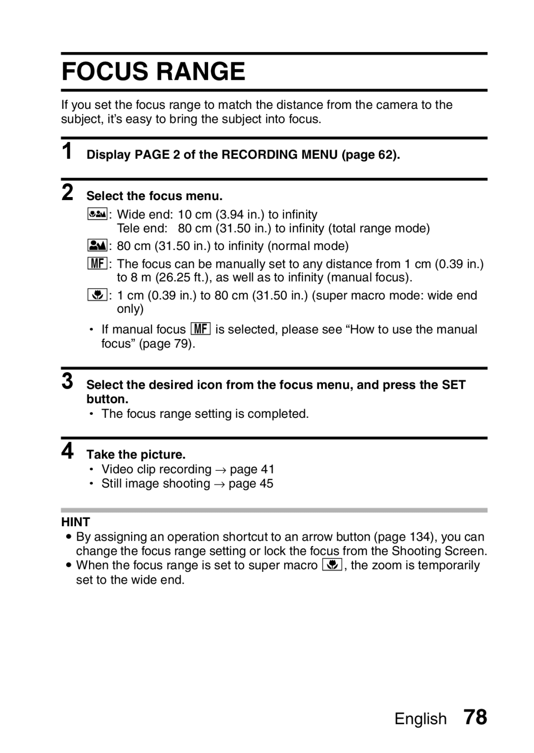 Sanyo VPC-CA65GX, VPC-CA65EX instruction manual Focus Range, Display page 2 of the Recording Menu Select the focus menu 