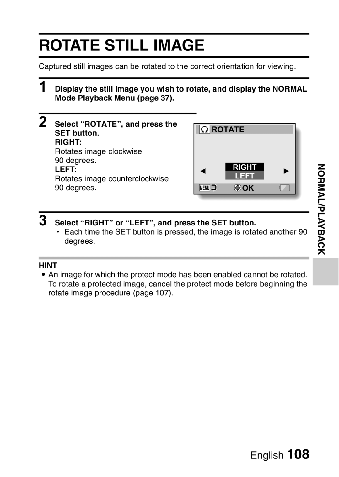 Sanyo VPC-CA8GX, VPC-CA8EX instruction manual Rotate Still Image, Select Right or LEFT, and press the SET button 