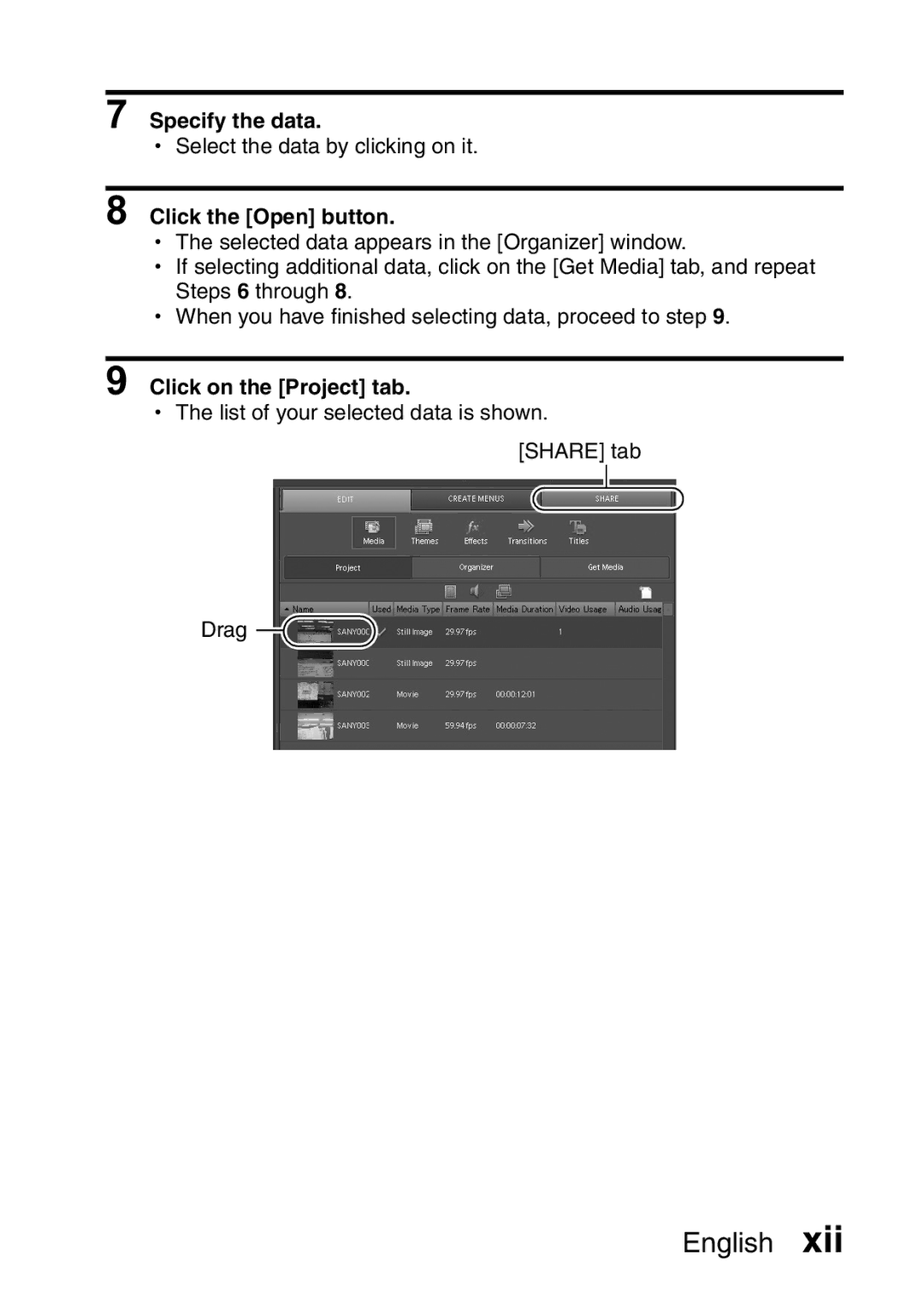 Sanyo VPC-CA8EX, VPC-CA8GX instruction manual Specify the data, Click the Open button, Click on the Project tab 