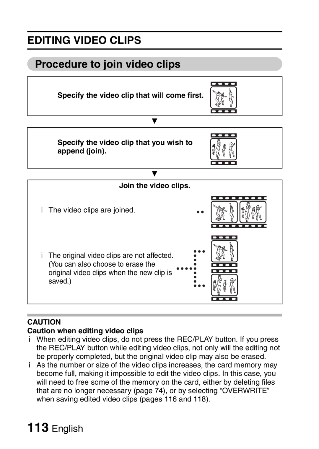 Sanyo VPC-CA8EX, VPC-CA8GX instruction manual Editing Video Clips, Procedure to join video clips 