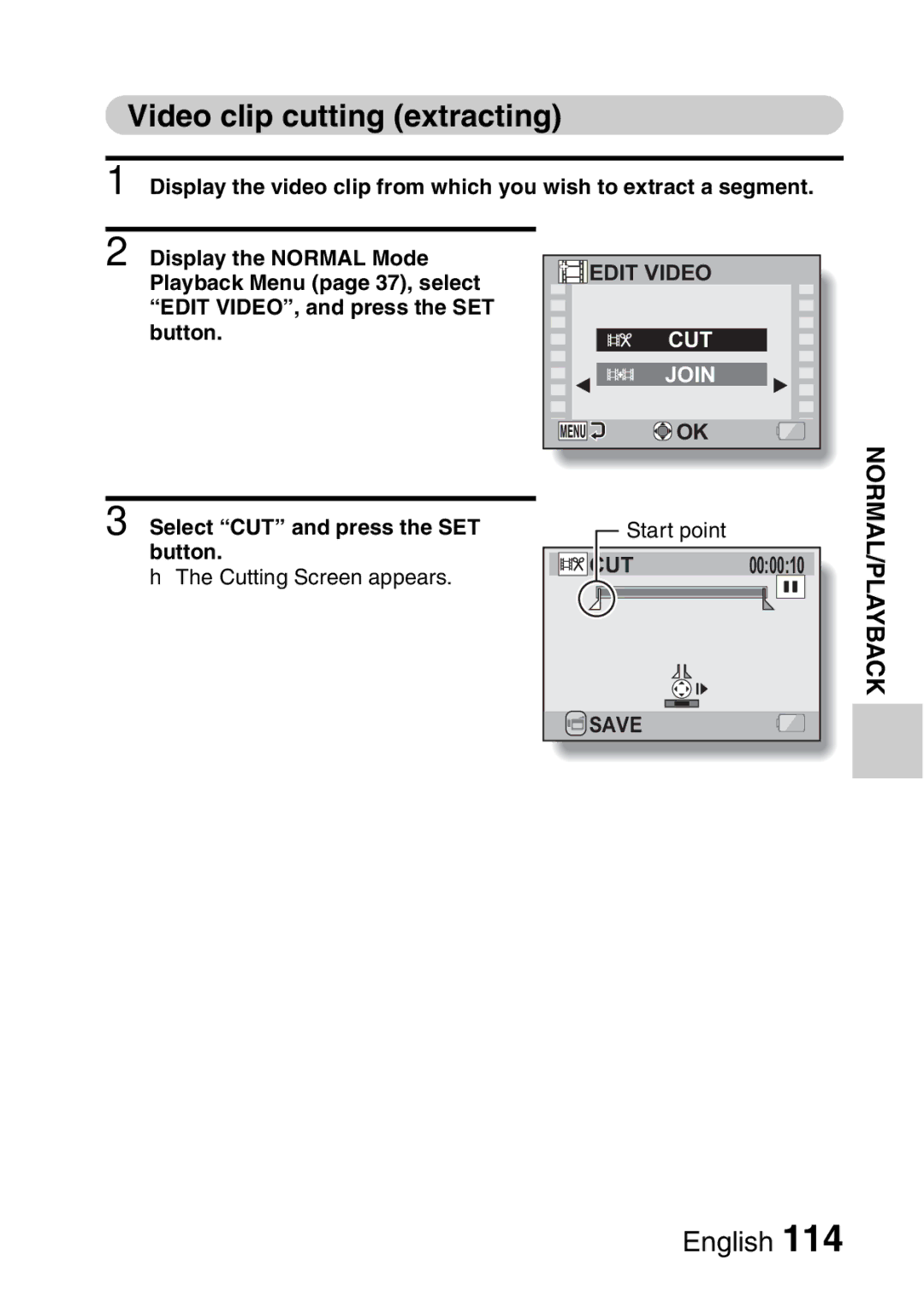 Sanyo VPC-CA8GX, VPC-CA8EX instruction manual Video clip cutting extracting, Select CUT and press the SET button 