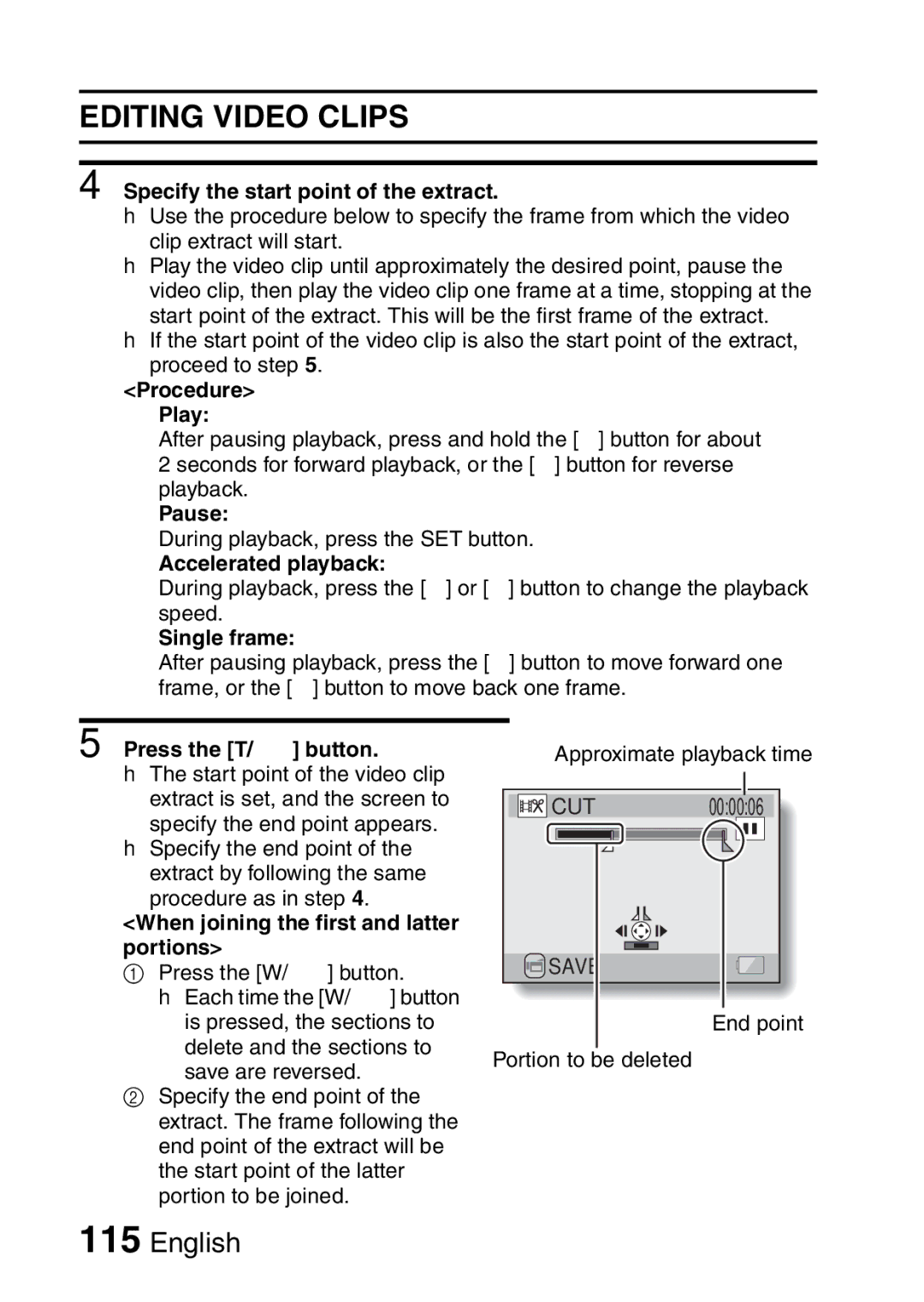 Sanyo VPC-CA8EX Specify the start point of the extract, Procedure Play, Pause, Accelerated playback, Single frame 