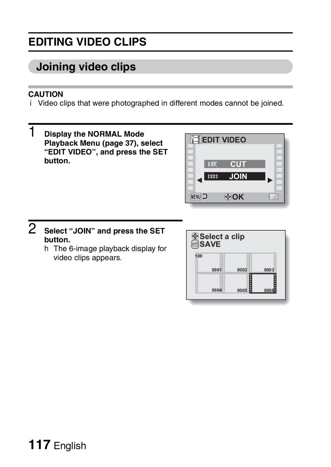 Sanyo VPC-CA8EX, VPC-CA8GX instruction manual Joining video clips, Select Join and press the SET button 