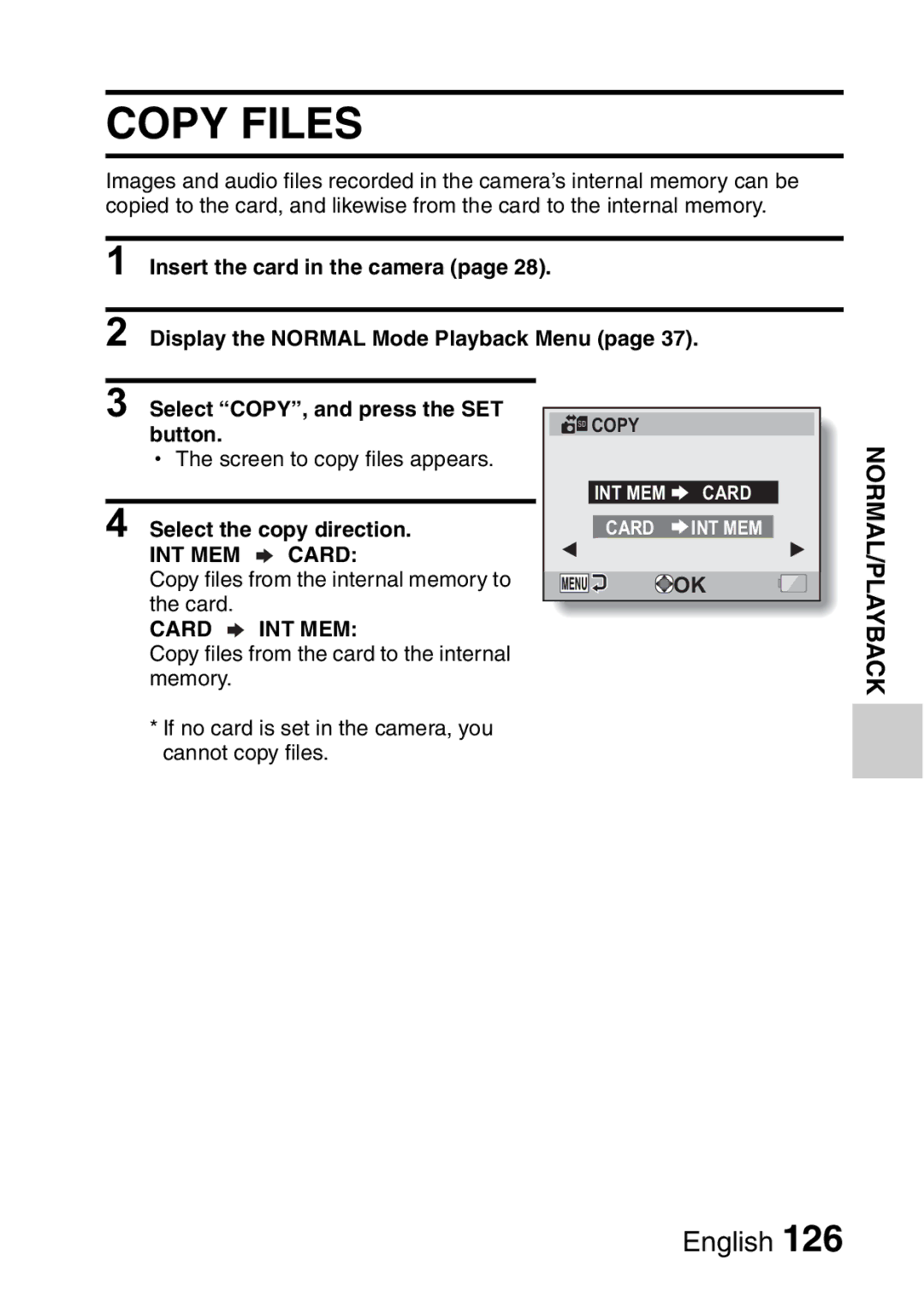 Sanyo VPC-CA8GX, VPC-CA8EX Copy Files, Select the copy direction, Copy files from the internal memory to Card 