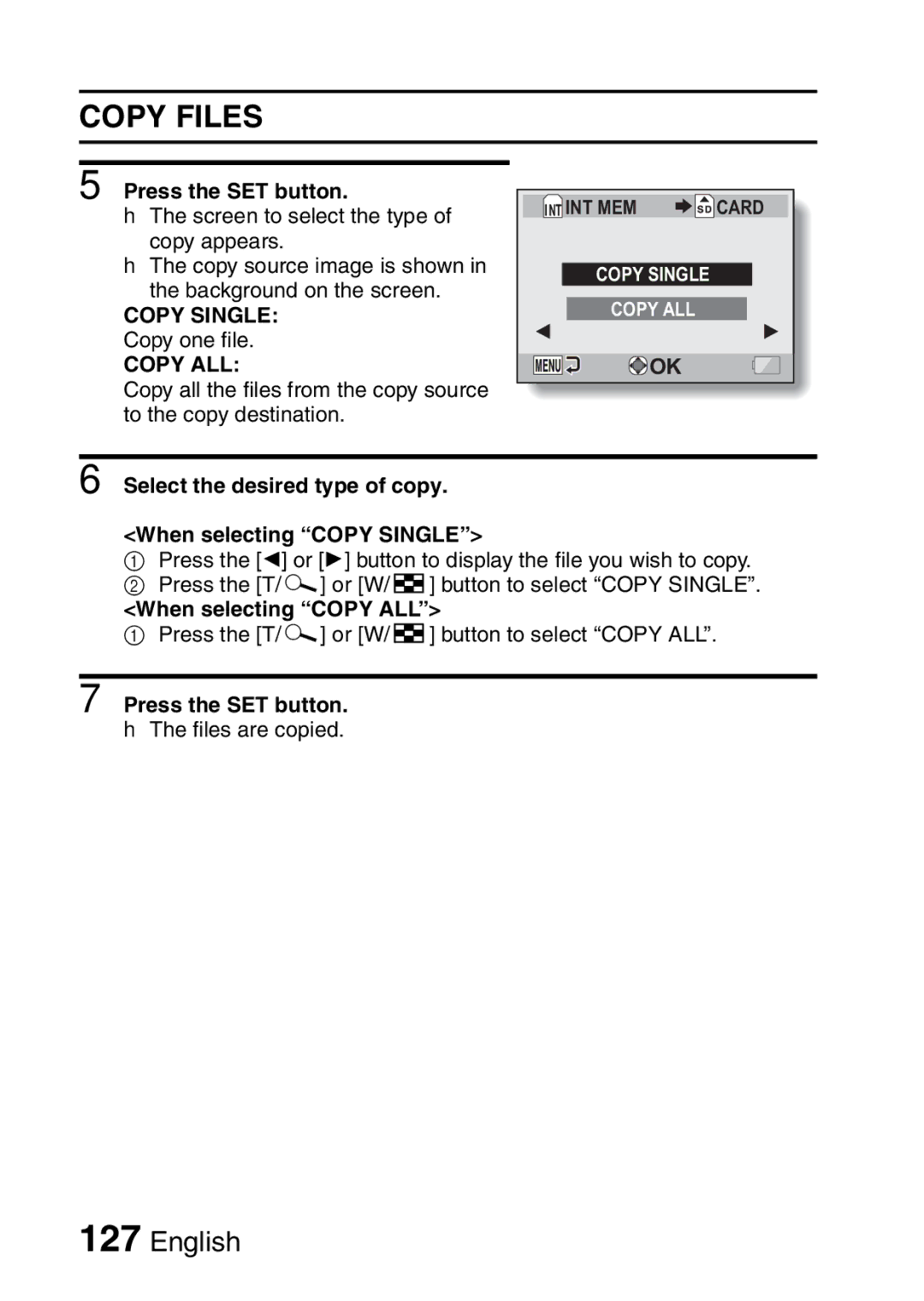 Sanyo VPC-CA8EX, VPC-CA8GX Copy Files, Select the desired type of copy When selecting Copy Single, When selecting Copy ALL 