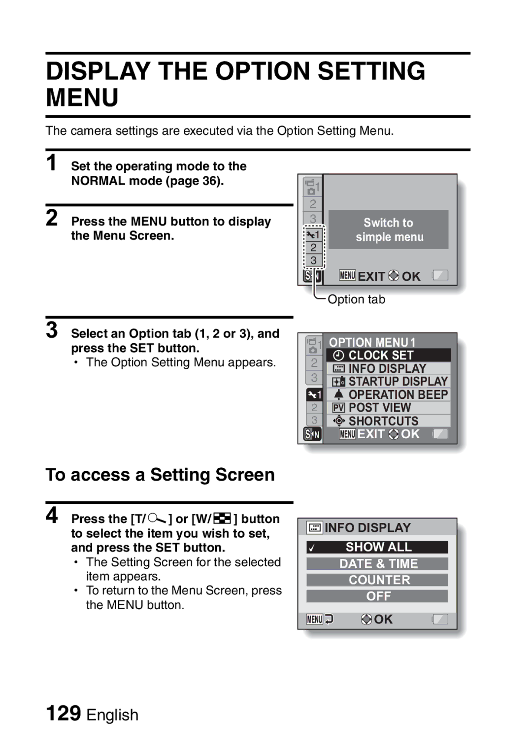 Sanyo VPC-CA8EX, VPC-CA8GX instruction manual Display the Option Setting Menu, To access a Setting Screen 