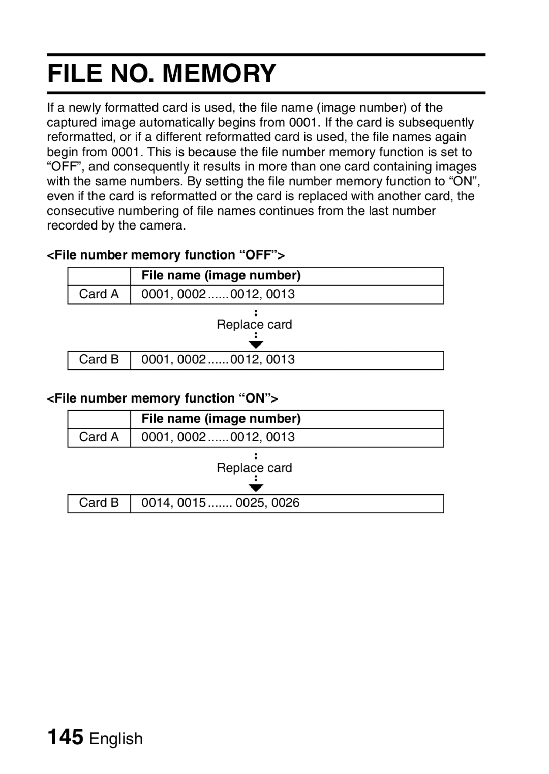 Sanyo VPC-CA8EX, VPC-CA8GX instruction manual File NO. Memory, File number memory function OFF File name image number 