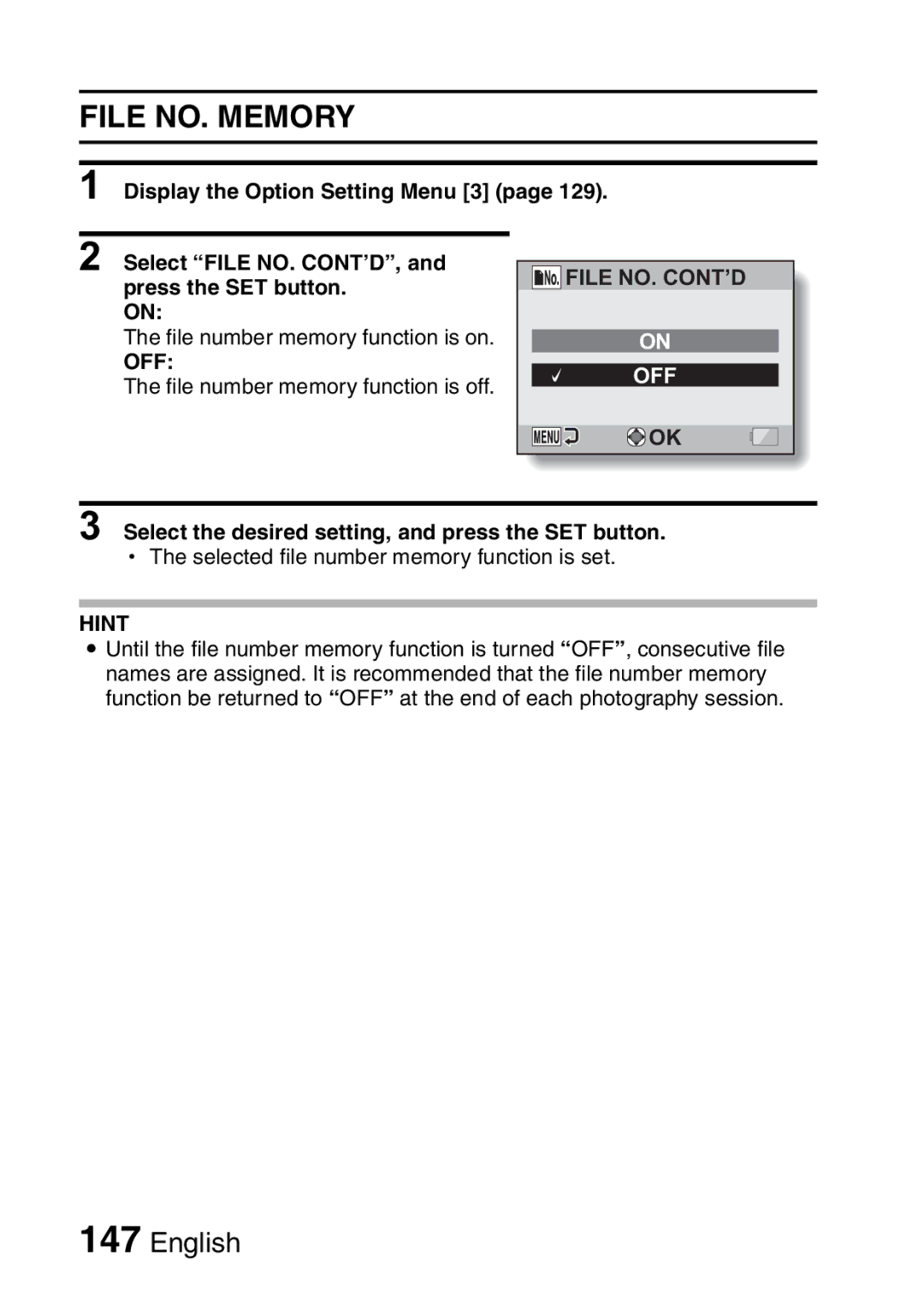 Sanyo VPC-CA8EX, VPC-CA8GX instruction manual File NO. Memory, Select the desired setting, and press the SET button 