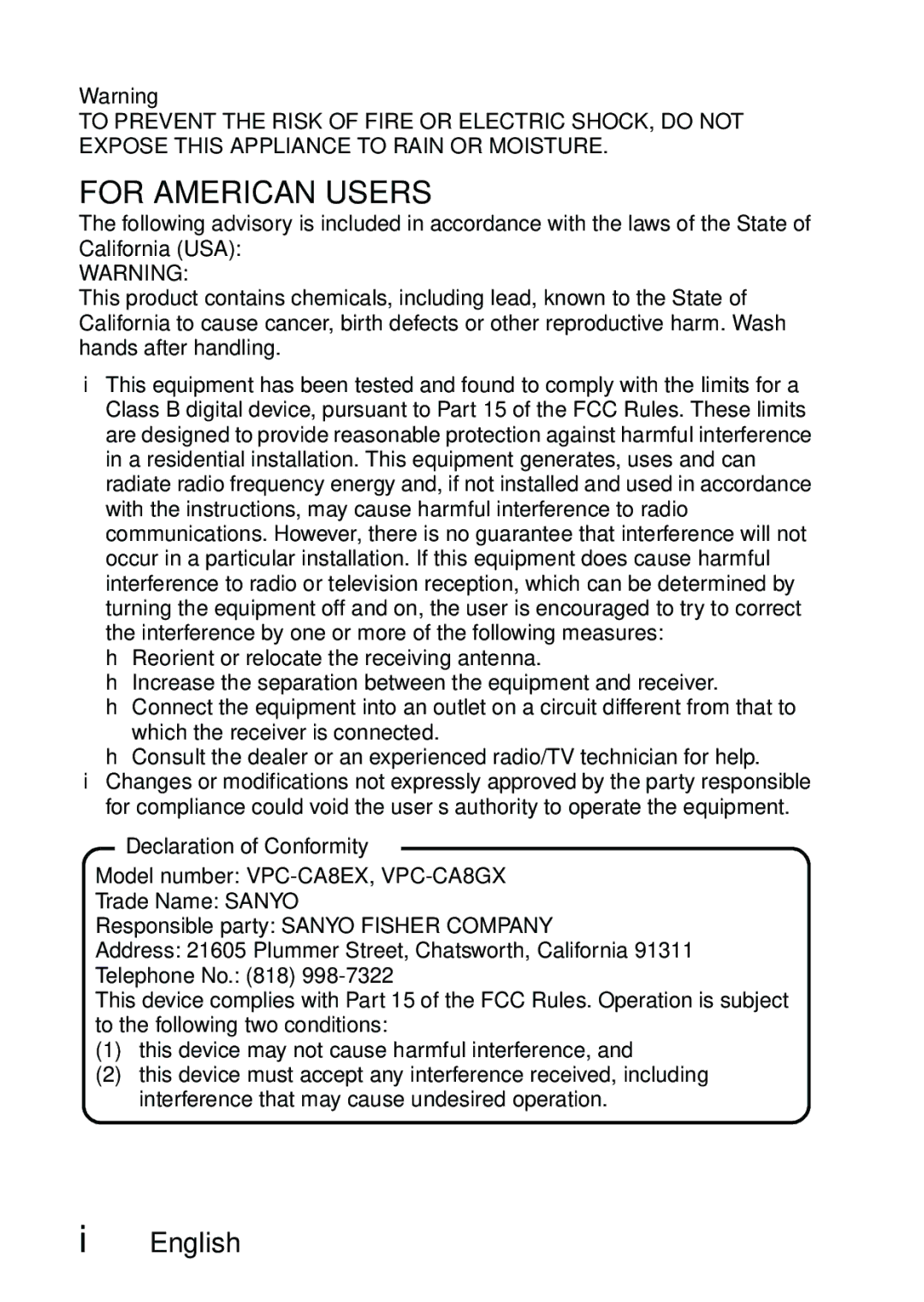 Sanyo VPC-CA8GX, VPC-CA8EX instruction manual For American Users, Declaration of Conformity 