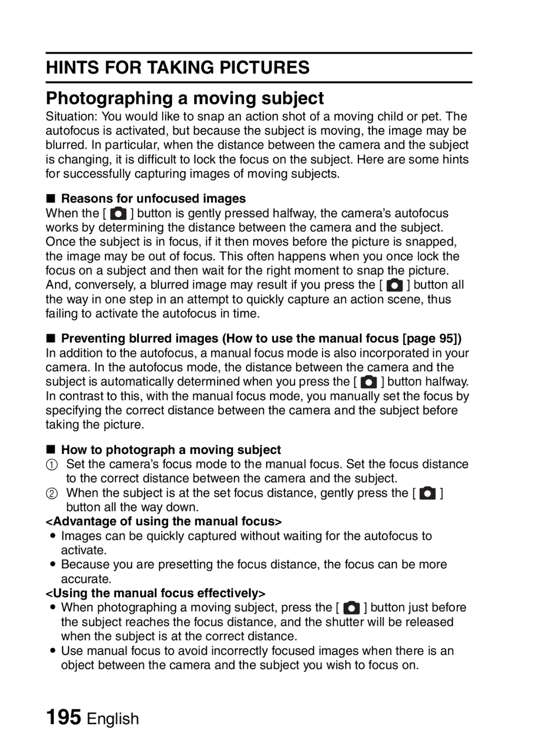 Sanyo VPC-CA8EX, VPC-CA8GX Hints for Taking Pictures, Photographing a moving subject, How to photograph a moving subject 