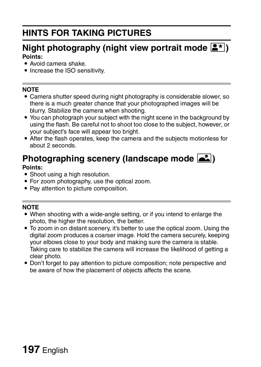 Sanyo VPC-CA8EX, VPC-CA8GX Night photography night view portrait mode, Photographing scenery landscape mode + 