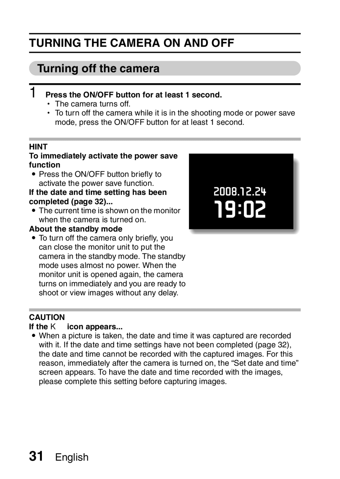 Sanyo VPC-CA8EX, VPC-CA8GX instruction manual Turning the Camera on and OFF, Turning off the camera 