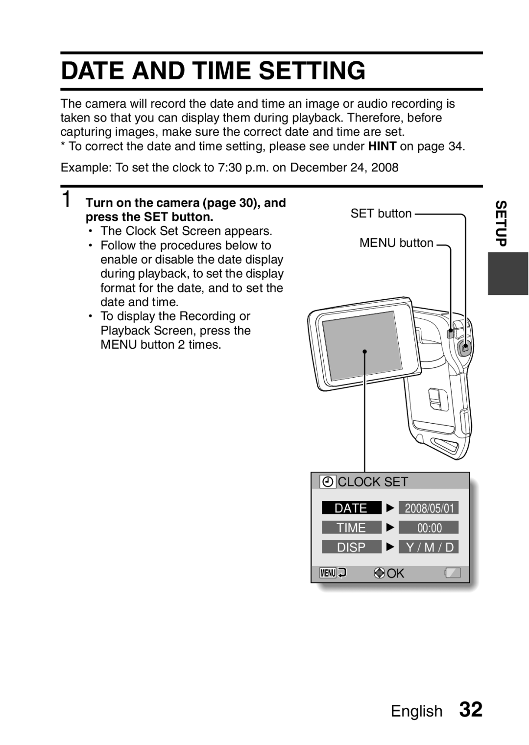 Sanyo VPC-CA8GX, VPC-CA8EX instruction manual Date and Time Setting, Turn on the camera page 30, and press the SET button 