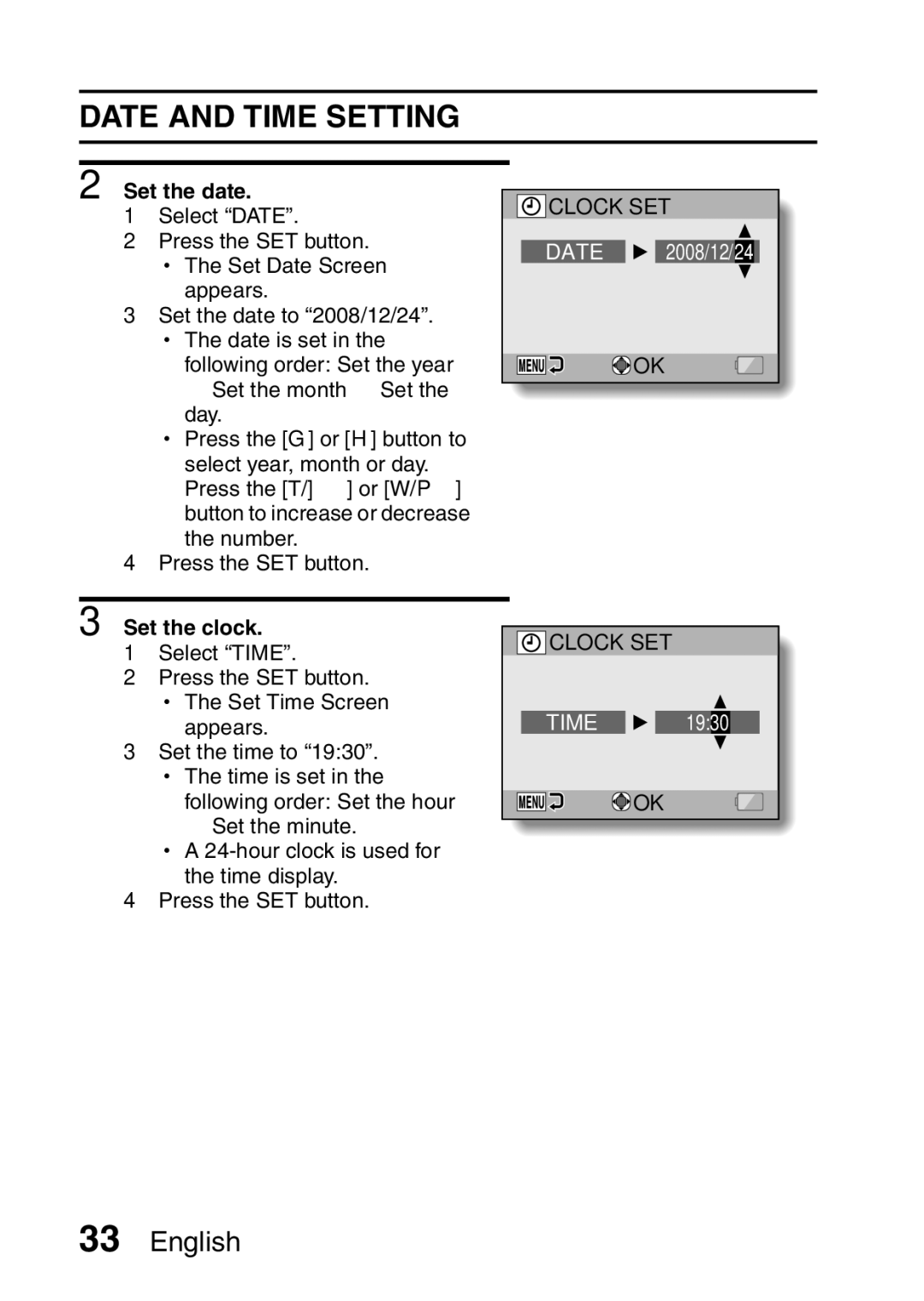 Sanyo VPC-CA8EX, VPC-CA8GX instruction manual Date and Time Setting, Set the date, Set the clock 