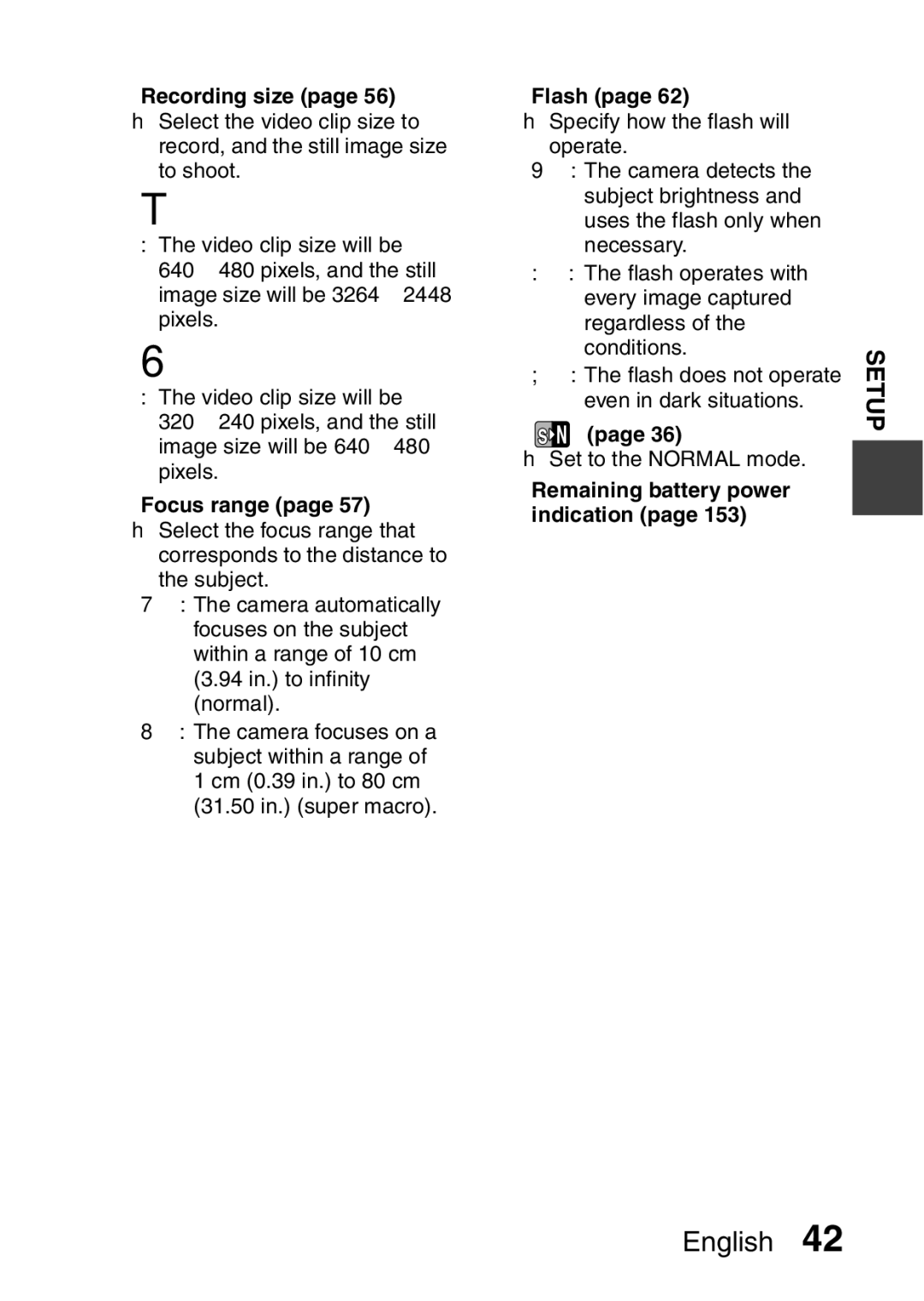 Sanyo VPC-CA8GX, VPC-CA8EX instruction manual Recording size page 56 h Select the video clip size to, Focus range, Flash 