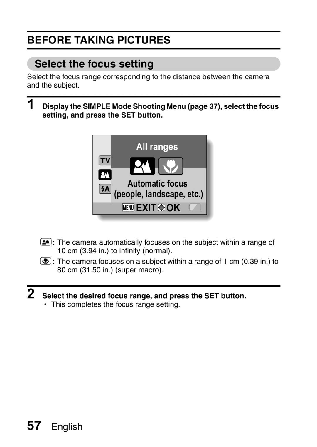 Sanyo VPC-CA8EX, VPC-CA8GX Select the focus setting, Select the desired focus range, and press the SET button 