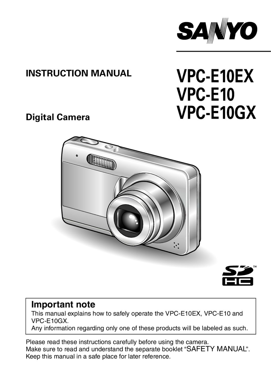 Sanyo VPC-E10GX instruction manual VPC-E10EX, Important note 